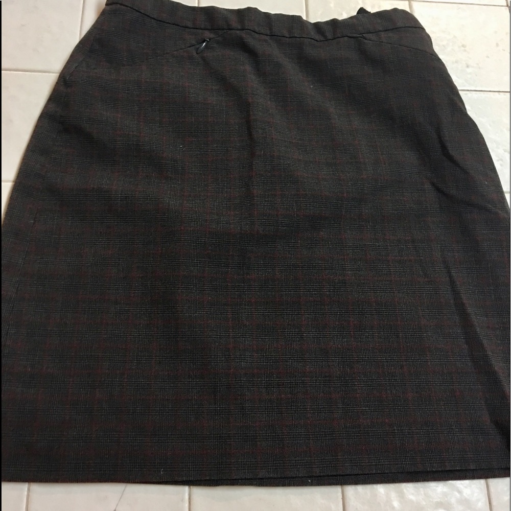 Dark grey and red striped skirt.